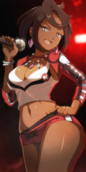Rule 34 | 1girl, badge, bangle, bracelet, breasts, bright pupils, brown eyes, brown hair, button badge, cleavage, creatures (company), crop top, dark-skinned female, dark skin, earrings, fishnets, game freak, gem, hand on own hip, highres, holding, holding microphone, jewelry, lipstick, looking at viewer, makeup, medium breasts, microphone, navel, necklace, nintendo, olivia (pokemon), open clothes, pink lips, pokemon, pokemon sm, red shorts, red sleeves, short hair, short shorts, shorts, smile, solo, vivivoovoo