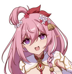 1girl bell breasts chinese_commentary commentary_request diamond-shaped_pupils diamond_(shape) elf elysia_(herrscher_of_human:_ego)_(honkai_impact) elysia_(honkai_impact) elysia_(peachy_spring)_(honkai_impact) flower hair_bell hair_flower hair_ornament honkai_(series) honkai_impact_3rd large_breasts long_hair nuclear_fission official_alternate_costume open_mouth pink_hair pointy_ears purple_eyes simple_background smile solo symbol-shaped_pupils upper_body white_background