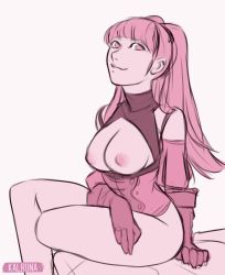 Rule 34 | 1girl, absurdres, artist name, bottomless, breasts, breasts out, female focus, fire emblem, fire emblem: three houses, gloves, highres, hilda valentine goneril, kalruna, long hair, looking at viewer, matching hair/eyes, nintendo, nipples, pink eyes, pink hair, smile, solo, thighs