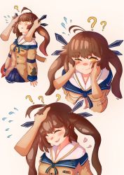 Rule 34 | 1girl, ?, ahoge, beige background, blue skirt, blush, breasts, brown hair, brown jacket, cheek pinching, closed eyes, collared jacket, collared shirt, commentary request, flustered, flying sweatdrops, girls&#039; frontline, hair ornament, hand on another&#039;s head, headpat, highres, jacket, llpfmfc, long hair, long sleeves, looking at viewer, m14 (girls&#039; frontline), multiple views, one eye closed, pinching, pov, pov hands, ribbon, ruffling hair, shirt, simple background, skirt, sleeves past wrists, smile, twintails, white shirt, yellow eyes