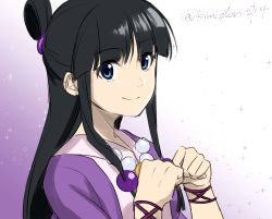 Rule 34 | 1girl, ace attorney, black hair, blue eyes, closed mouth, hair ornament, half updo, hand up, highres, japanese clothes, jewelry, long hair, looking at viewer, magatama, maya fey, murasaki2714, necklace, simple background, smile, solo