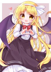 Rule 34 | 1girl, absurdres, bat wings, black skirt, blonde hair, blush, border, bow, bowtie, buttons, commentary request, fang, fingernails, floral background, flower, frills, hair between eyes, hairband, hands up, heart, heart hands, highres, kurumi (touhou), leaf, long fingernails, long hair, long sleeves, looking at viewer, open mouth, outside border, parted bangs, puffy long sleeves, puffy sleeves, purple background, red bow, red bowtie, ribbon, sample watermark, shirt, skirt, smile, solo, standing, suspender skirt, suspenders, tongue, touhou, touhou (pc-98), watermark, white border, white flower, white hairband, white ribbon, white shirt, wings, yellow eyes, yurufuwa milk