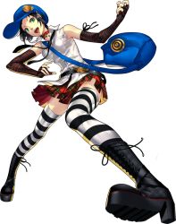 Rule 34 | 1girl, air guitar, bag, black hair, black necktie, boots, cabbie hat, collar, elbow gloves, fingerless gloves, full body, gloves, green eyes, hat, marie (persona 4), necktie, official art, persona, persona 4, persona 4: dancing all night, persona 4 the golden, persona dancing, plaid, plaid skirt, short hair, shoulder bag, skirt, soejima shigenori, solo, striped clothes, striped thighhighs, thighhighs, transparent background
