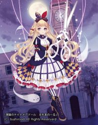 Rule 34 | 1girl, blonde hair, boots, bow, braid, cardfight!! vanguard, clock, clock tower, company name, doll, doll joints, ghost, joints, long hair, moon, night, night sky, nightmare doll of the abyss eleanore, official art, pantyhose, scissors, sky, solo, sparkle, star (sky), suguri (neroli), tower, tree
