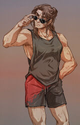 Rule 34 | 1boy, armpit hair, armpit peek, bara, black tank top, body freckles, brown hair, contrapposto, feet out of frame, freckles, hair bun, kaine parker, long hair, looking at viewer, looking to the side, male focus, marvel, mature male, muscular, muscular male, short shorts, shorts, single hair bun, solo, spider-man (series), sunglasses, tank top, the amazing spider-man, thick eyebrows, zed-sabre