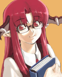 Rule 34 | 1girl, bespectacled, book, embodiment of scarlet devil, face, female focus, glasses, head wings, koakuma, long hair, orange background, pointy ears, red eyes, red hair, shiba itsuki, shibaki, simple background, solo, touhou, wings