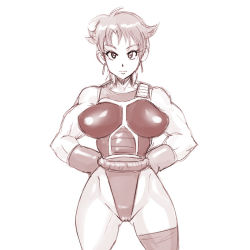 Rule 34 | 1girl, armor, breastplate, breasts, cameltoe, cosplay, cure rouge, dragon ball, dragonball z, earrings, gloves, groin, hands on own hips, impossible clothes, jewelry, large breasts, leotard, looking at viewer, miyawoo, monochrome, natsuki rin, precure, seripa, seripa (cosplay), short hair, single thighhigh, sketch, narrow waist, solo, thighhighs, yes! precure 5