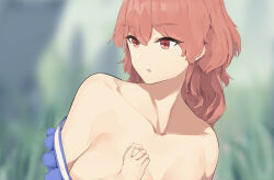 Rule 34 | 1girl, blurry, blurry background, breasts, collarbone, commentary request, hair down, large breasts, medium hair, onozuka komachi, open mouth, outdoors, red eyes, red hair, solo, ssrkma, touhou, upper body