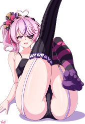 Rule 34 | 1girl, absurdres, ass, bare shoulders, blush, breasts, come hither, doll joints, eyepatch, garter straps, hair ribbon, highres, joints, leg up, legs, long hair, looking at viewer, maria marionette, multicolored hair, nijisanji, nijisanji en, open mouth, panties, pink eyes, pink hair, purple hair, ribbon, shiny skin, smile, socks, solo, striped clothes, striped socks, striped thighhighs, thighhighs, thighs, two-tone hair, underwear, virtual youtuber, vlack