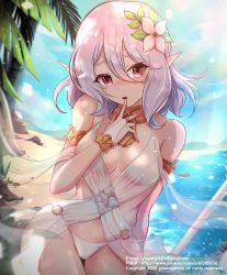 Rule 34 | 1girl, absurdres, aged up, arm behind back, armlet, beach, bikini, bridal gauntlets, cloud, commentary request, copyright notice, day, email address, eyebrows hidden by hair, finger to mouth, flower, hair between eyes, hair flower, hair ornament, highres, kokkoro (ceremonial) (princess connect!), kokkoro (princess connect!), korean commentary, mixed-language commentary, o-ring, o-ring bikini, ocean, palm tree, pixiv id, pointy ears, princess connect!, see-through, silver hair, sky, solo, swimsuit, tree, water, white bikini, white flower, yawang shiro