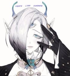 Rule 34 | 1girl, black gloves, blue eyes, closed mouth, colored skin, gloves, hair over one eye, hand up, horns, long sleeves, looking at viewer, one eye covered, original, pigeon666, pointy ears, portrait, simple background, smile, solo, third eye, white background, white skin