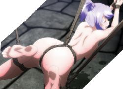 Rule 34 | 10s, 1girl, ass, back, barefoot, between buttocks, bikini warriors, bondage, breasts, closed eyes, feet, highres, large breasts, mage (bikini warriors), nude, open mouth, rope, soles, solo, stitched, suspension, third-party edit, toes
