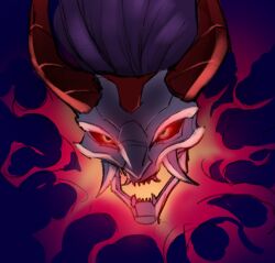 Rule 34 | 1boy, black sclera, blood moon thresh, blue background, colored sclera, glowing, glowing eyes, grey hair, horns, league of legends, long hair, mask, red background, red eyes, red horns, solo, teeth, thresh (league of legends), wosashimi