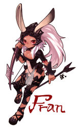 Rule 34 | 00s, 1girl, animal ears, archery, bf. (sogogiching), bow, bow (weapon), breasts, character name, cleavage cutout, clothing cutout, dark-skinned female, dark skin, final fantasy, final fantasy xii, fran (ff12), large breasts, rabbit ears, revealing clothes, simple background, solo, viera, weapon, white background