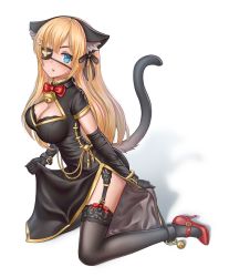 Rule 34 | 1girl, absurdres, alternate costume, animal ears, aquamarine (pixiv2077446), bad id, bad pixiv id, bangle, bell, black dress, black gloves, black thighhighs, blonde hair, blue eyes, blush, bow, bracelet, breasts, cat ears, cat girl, cat tail, china dress, chinese clothes, cleavage, cleavage cutout, clothes lift, clothing cutout, collar, dress, dress lift, elbow gloves, eyepatch, garter straps, gloves, hair ornament, hairclip, high heels, highres, jewelry, jingle bell, kneeling, large breasts, lifting own clothes, long hair, neck bell, open mouth, red bow, red footwear, saratoga (warship girls r), shoes, side slit, solo, tail, thighhighs, very long hair, warship girls r
