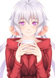 Rule 34 | 10s, 1girl, ahoge, between breasts, blush, breasts, cleavage, closed mouth, coffee mug, commentary request, cup, eyelashes, hair ornament, hair scrunchie, jewelry, large breasts, lips, long hair, long sleeves, looking at viewer, mug, necklace, osafune kairi, purple eyes, scrunchie, senki zesshou symphogear, shiny skin, silver hair, smile, solo, steam, transparent background, twintails, upper body, very long hair, yukine chris