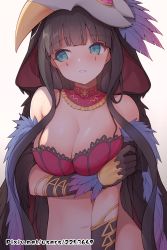 Rule 34 | 1girl, animal ears, arm under breasts, bare shoulders, black gloves, black hair, blunt bangs, blush, breast hold, breasts, brown dust, celia (brown dust), cleavage, commentary request, detached collar, facial mark, fur trim, gloves, highres, large breasts, long hair, looking to the side, mask, mask on head, navel, parted lips, patreon username, revision, simple background, solo, stomach, upper body, waero, watermark, web address, white background