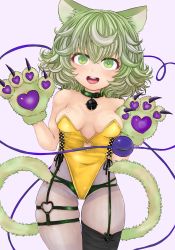 Rule 34 | 1girl, :d, adapted costume, animal ears, animal hands, bare shoulders, bell, blush, breasts, collar, cowboy shot, gloves, green eyes, green hair, highres, jingle bell, kemonomimi mode, komeiji koishi, leotard, looking at viewer, medium hair, multiple tails, no headwear, open mouth, pantyhose, paw gloves, round teeth, simple background, small breasts, smile, solo, strapless, strapless leotard, tail, teeth, touhou, two tails, upper teeth only, washiwa, white background, yellow leotard