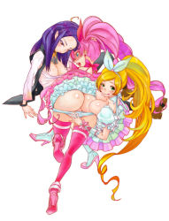 Rule 34 | 10s, 3girls, :q, alternate breast size, ass, assisted exposure, bad id, bad pixiv id, blonde hair, blue eyes, blush, bow, breast slip, breasts, breasts out, cure melody, cure rhythm, embarrassed, eyelashes, fff threesome, frilled skirt, frills, green eyes, group sex, hair bow, houjou hibiki, kurokawa eren, large breasts, long hair, looking at viewer, magical girl, minamino kanade, multiple girls, no bra, panties, panty pull, pink bow, pink hair, ponytail, precure, purple hair, red eyes, ribbon, seiren (suite precure), shiny skin, simple background, skirt, suite precure, thighhighs, threesome, tongue, tongue out, tsukai yowo, twintails, underwear, very long hair, white background, yuri