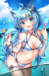 Rule 34 | 1girl, :3, :d, ahoge, animal ear fluff, animal ears, artist name, bikini, blue bikini, blue bow, blue eyes, blue hair, blue nails, blush, bow, bracelet, breasts, cat ears, cat girl, cat tail, commentary, day, fang, food, groin, hair between eyes, hair intakes, hair ornament, hairclip, head tilt, highres, holding, holding food, jewelry, leaning forward, long hair, looking at viewer, medium breasts, multi-strapped bikini, nail polish, navel, open mouth, original, outdoors, popsicle, smile, solo, squchan, star (symbol), summer, swimsuit, symbol-only commentary, tail, tail bow, tail ornament, tail raised, very long hair, water, water drop, white bikini, x hair ornament