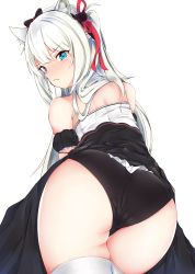 Rule 34 | 1girl, absurdres, animal ears, ass, azur lane, bare shoulders, black panties, blue eyes, blush, bow, cat ears, closed mouth, clothes pull, crotch, crotch seam, dress, dress pull, embarrassed, eyes visible through hair, frills, from behind, hair bow, hair over shoulder, hair ribbon, hammann (azur lane), headdress, highres, long hair, looking at viewer, looking back, panties, puffy short sleeves, puffy sleeves, ribbon, short sleeves, shoulder blades, sidelocks, silver hair, simple background, siroimo0828, solo, thighhighs, thighs, underwear, very long hair, white background, white thighhighs