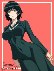 Rule 34 | 1girl, black hair, breasts, dress, fubuki (one-punch man), green dress, green eyes, highres, jewelry, large breasts, looking at viewer, necklace, one-punch man