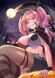 Rule 34 | 1girl, azur lane, bikini, bikini top only, blush, breasts, bremerton (azur lane), cape, cleavage, fingerless gloves, full moon, gloves, halloween, highres, large breasts, licking lips, long hair, looking at viewer, moon, night, night sky, pink eyes, pink hair, scythe, shimotsuki shio, shorts, sitting, sky, smile, swimsuit, thighs, tongue, tongue out, twintails