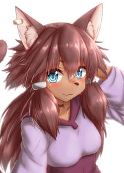 Rule 34 | 1girl, :3, animal ear fluff, animal ears, animal nose, arm behind head, blue eyes, blush, body fur, breasts, brown fur, brown hair, brown tail, cat ears, cat tail, choker, dress, ear piercing, fang, fang out, female focus, furry, furry female, gundam, gundam build divers, gundam build divers re:rise, hair ornament, highres, horokusa (korai), jewelry, long hair, looking at viewer, maiya (gundam build divers re:rise), piercing, simple background, small breasts, solo, tail, white background