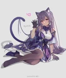 Rule 34 | 1girl, animal ears, black gloves, cat ears, cat tail, claw pose, dress, genshin impact, gloves, highres, keqing (genshin impact), long hair, pantyhose, purple dress, purple eyes, purple hair, simple background, solo, tail, twintails, white background, yolanda