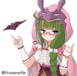Rule 34 | ahoge, alternate costume, bat (animal), bespectacled, blue eyes, blush, braid, breasts, elbow gloves, fingerless gloves, frozenpile, glasses, gloves, green hair, hood, index finger raised, kantai collection, large breasts, long hair, looking at viewer, mole, mole under mouth, purple-framed eyewear, simple background, single braid, tongue, tongue out, twitter username, upper body, very long hair, white background, white gloves, yuugumo (kancolle)