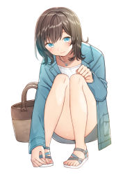 Rule 34 | 1girl, ass, bad id, bad pixiv id, bag, blue eyes, blue jacket, brown hair, closed mouth, collarbone, commentary request, female focus, full body, grey skirt, jacket, jewelry, kurata rine, long sleeves, looking at viewer, nail polish, necklace, open clothes, open jacket, original, pink nails, sandals, shirt, simple background, sitting, skirt, smile, solo, toenail polish, toenails, white background, white footwear, white shirt