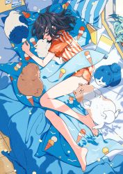 Rule 34 | 1girl, 5others, animal, animal ears, barefoot, bed, bed sheet, bedroom, black hair, blanket, book, dog, dog ears, dog tail, highres, holding, holding animal, indoors, keishin, looking at another, lying, multiple dogs, multiple others, on bed, on side, original, pajamas, pet, pillow, plant, pomeranian (dog), potted plant, tail, too many, too many dogs, window