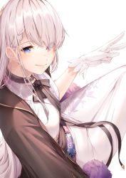 Rule 34 | 1girl, amagimei, azur lane, belfast (azur lane), belfast (folded fascination) (azur lane), belfast (folded fascination) (azur lane), black neckwear, blue eyes, braid, closed mouth, dress, french braid, gloves, hair over eyes, highres, long hair, looking at viewer, neckwear request, official alternate costume, silver hair, smile, solo, white background, white gloves