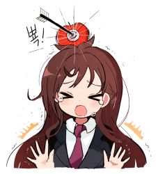 Rule 34 | &gt; &lt;, &gt;o&lt;, apple, apple on head, arrow (projectile), bad id, bad pixiv id, black jacket, blazer, blush, brown hair, closed eyes, collared shirt, commentary, crying, crying with eyes open, food, food on head, fruit, hands up, idolmaster, idolmaster cinderella girls, jacket, long hair, motion lines, necktie, object on head, open mouth, shirt, sidelocks, simple background, solo, target, tears, trembling, tsujino akari, white background