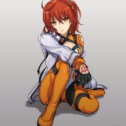 Rule 34 | 1girl, ahoge, bodysuit, cleavage cutout, clothing cutout, command spell, fate/grand order, fate (series), fujimaru ritsuka (female), fujimaru ritsuka (female) (chaldea combat uniform), matching hair/eyes, off shoulder, official alternate costume, open clothes, open shirt, orange eyes, orange hair, red hair, scrunchie, shirt, short hair, side ponytail, simple background, solo, tokito0305, yellow eyes