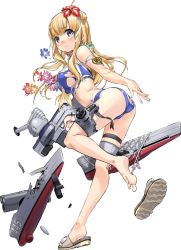 Rule 34 | 1girl, ass, barefoot, bikini, blonde hair, blue bikini, blue eyes, breasts, cargo net, double bun, fletcher (kancolle), fletcher mk ii (kancolle), flower, full body, hair flower, hair ornament, jewelry, kantai collection, large breasts, long hair, looking at viewer, machinery, necklace, official art, sandals, solo, swimsuit, torn clothes, transparent background, turret, zeco