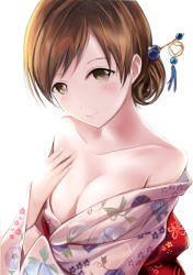 Rule 34 | 10s, 1girl, bare shoulders, blush, breasts, brown eyes, brown hair, cleavage, hair ornament, hairpin, idolmaster, idolmaster cinderella girls, idolmaster cinderella girls starlight stage, japanese clothes, kimono, long hair, nannacy7, nitta minami, obi, off shoulder, sash, simple background, smile, solo