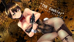 Rule 34 | 1girl, animal ears, artist request, bare shoulders, breasts, brown hair, collarbone, detached collar, english text, fake animal ears, fishnets, gun, hair between eyes, handgun, highres, holster, large breasts, leotard, on one knee, original, rabbit ears, rabbit tail, revolver, shiny skin, short hair, smile, weapon, wrist cuffs, yellow eyes