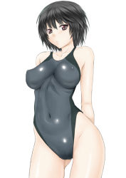 Rule 34 | 1girl, amagami, black eyes, black hair, breasts, competition swimsuit, covered erect nipples, covered navel, kutani, large breasts, nanasaki ai, navel, one-piece swimsuit, short hair, simple background, skin tight, solo, swimsuit, white background