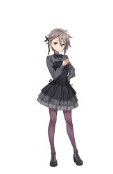 Rule 34 | 1girl, ange (princess principal), asymmetrical hair, black dress, black footwear, black neckwear, blue eyes, braid, dress, full body, grey hair, hand on own hip, highres, looking at viewer, official art, pantyhose, princess principal, princess principal game of mission, purple pantyhose, shoes, short hair, smile, solo, standing, striped clothes, striped pantyhose, transparent background, vertical-striped clothes, vertical-striped pantyhose