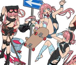 1girl bag bandages bucket chinese_clothes gloves multiple_views original pink_hair road_sign sign skateboard spring_onion standing standing_on_one_leg sweeping twintails zoomhong