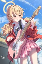 Rule 34 | 1girl, absurdres, ahoge, blonde hair, blue archive, blush, closed mouth, cowboy shot, electric guitar, guitar, halo, highres, holding, holding instrument, instrument, jacket, long hair, looking at viewer, low twintails, music, official alternate costume, open clothes, open jacket, pink skirt, playing instrument, pleated skirt, red jacket, shirt, short sleeves, simoumi 217, skirt, smile, solo, twintails, white shirt, yellow eyes, yellow halo, yoshimi (band) (blue archive), yoshimi (blue archive)