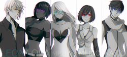 Rule 34 | 2boys, 3girls, aqua eyes, blue eyes, bob cut, breasts, character name, chromatic aberration, cleavage, dark skin, glitch, glowing, glowing eyes, highres, kaito (vocaloid), leon (vocaloid), lola (vocaloid), long hair, looking at viewer, meiko (vocaloid), miriam (vocaloid), multiple boys, multiple girls, red eyes, short hair, simple background, smile, spot color, vocaloid, white background, yellow eyes, yen-mi