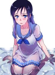 Rule 34 | 1girl, barefoot, blue eyes, blue hair, blue sailor collar, blush, breasts, commentary request, dokidoki! precure, dress, hishikawa rikka, long hair, looking at viewer, medium breasts, negom, partially submerged, precure, sailor collar, sailor dress, short sleeves, simple background, sitting, solo, wariza, water, wet, wet clothes, wet dress, white background, white dress