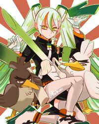 Rule 34 | 1girl, armband, bird, black dress, closed mouth, commentary request, creatures (company), dress, fighting miku (project voltage), food, galarian farfetch&#039;d, game freak, gen 8 pokemon, gloves, green armband, green eyes, green hair, hair between eyes, hands up, hatsune miku, highres, holding, holding food, holding spring onion, holding vegetable, long hair, long sleeves, looking at viewer, multicolored hair, nanitozo, necktie, nintendo, orange hair, pokemon, pokemon (creature), project voltage, shoes, sirfetch&#039;d, sitting, spring onion, streaked hair, thick eyebrows, thighhighs, twintails, twitter username, vegetable, very long hair, vocaloid, white gloves, white necktie, white thighhighs, yellow eyes