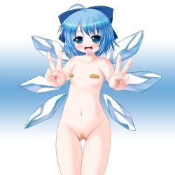 Rule 34 | 1girl, ahoge, bandaid, bandaid on pussy, bandaids on nipples, blue eyes, blue hair, blush, bow, cirno, collarbone, double v, flat chest, hair bow, looking at viewer, matching hair/eyes, navel, nude, open mouth, outstretched arms, outstretched hand, pasties, riku (rikkuru), short hair, smile, solo, touhou, v, wings