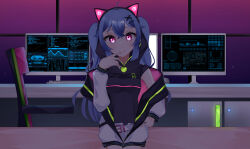Rule 34 | 1girl, :p, absurdres, ahoge, animal ears, bed, belt, blue hair, bra, breasts, chair, chiaki katsumi, commission, desk, fake animal ears, hair ornament, hairclip, highres, hood, hoodie, indoors, jacket, keyboard (computer), looking at viewer, monitor, mouse (computer), navel, pants, pink eyes, pixellink, small breasts, solo, thighs, tongue, tongue out, underwear, virtual youtuber