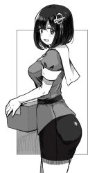 Rule 34 | 1girl, blush, box, cardboard box, elbow gloves, gloves, greyscale, haguro (kancolle), hair ornament, highres, holding, holding box, kantai collection, monochrome, omuraashu, one-hour drawing challenge, open mouth, pantyhose, pencil skirt, short hair, short sleeves, simple background, skirt, solo
