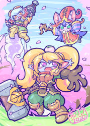 Rule 34 | 3girls, :3, :d, animal ears, blonde hair, blush stickers, cherry blossoms, commentary request, dango, fang, food, food in mouth, goggles, goggles on head, green eyes, hammer, highres, holding, holding hammer, kayo!! (gotoran), league of legends, long hair, looking at viewer, lulu (league of legends), medium hair, multiple girls, open mouth, orange eyes, poppy (league of legends), purple eyes, rocket jumping, silver hair, smile, striped sleeves, tristana, wagashi, yordle