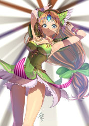 Rule 34 | 1girl, armor, arms up, artist name, blonde hair, blue eyes, breasts, bridal gauntlets, brown gloves, cleavage, commentary request, dress, forehead jewel, gloves, green dress, green headwear, green ribbon, hair ribbon, helmet, holding, holding spear, holding weapon, long hair, looking at viewer, low-tied long hair, medium breasts, motion blur, open mouth, pauldrons, petticoat, polearm, ribbon, riesz, seiken densetsu, seiken densetsu 3, short dress, shoulder armor, signature, solo, spear, standing, strapless, strapless dress, very long hair, weapon, wind, wind lift, winged helmet, yamahara